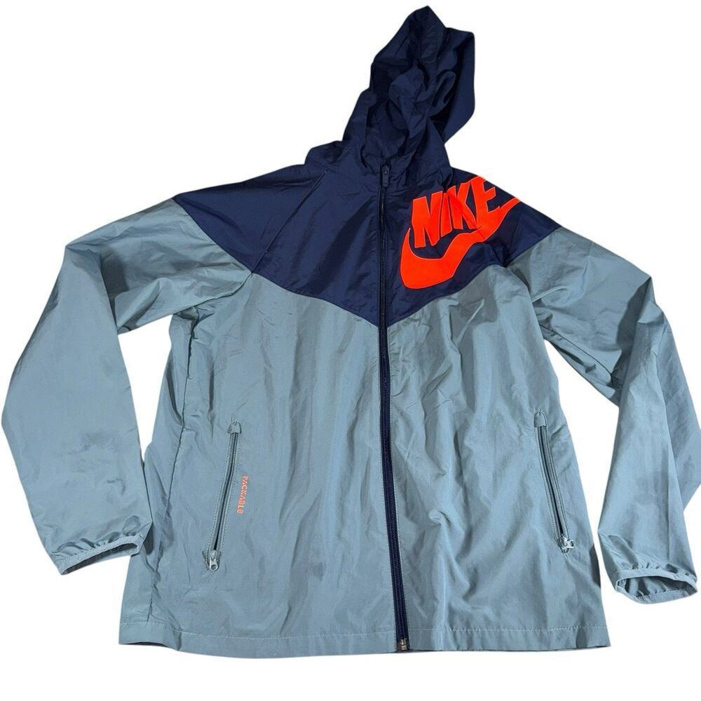 Nike Packable Running Wind Rain Jacket Womens XL Hooded Big Logo‎ Blue Gray